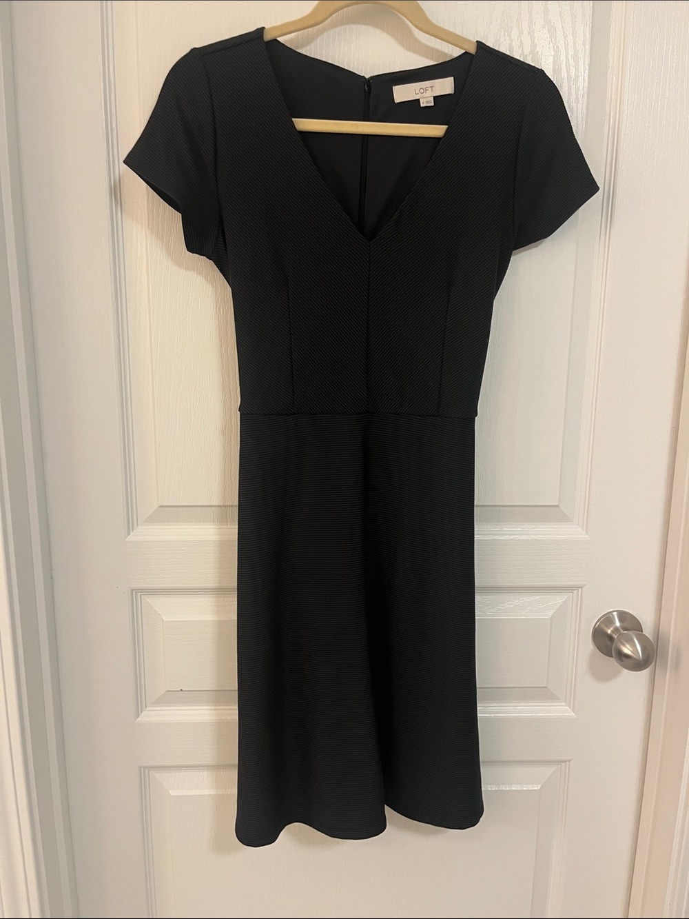LOFT Black V-Neck Midi Dress with Cap Sleeves and Slight Flare